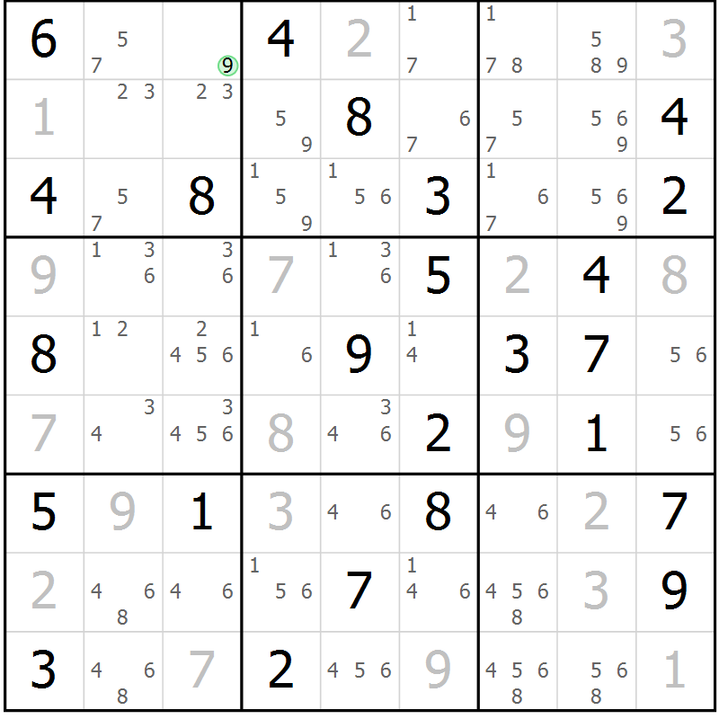 Position des candidats pour la solution de la Gr 71 page 74 du magazine de sudoku Maestro n° 086