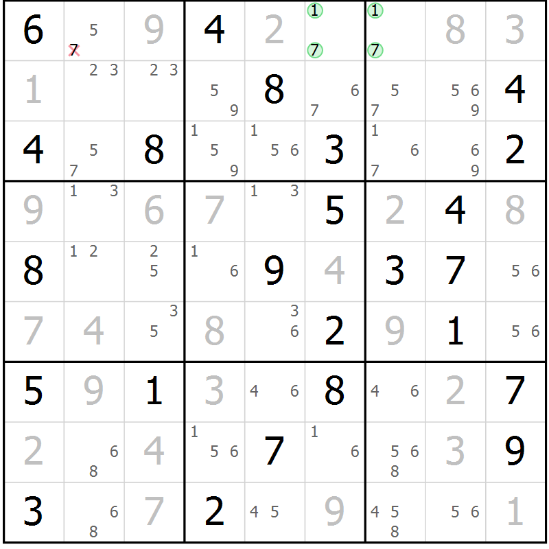 Position des candidats pour la solution de la Gr 71 page 74 du magazine de sudoku Maestro n° 086