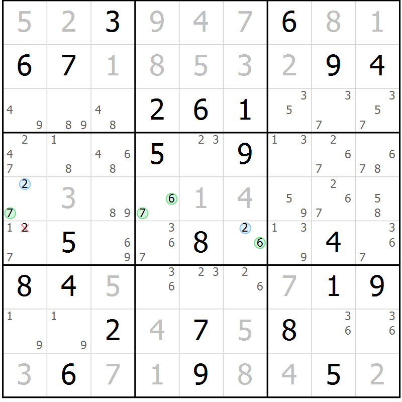 Position des candidats pour la solution de la Gr 72 page 75 du magazine de sudoku Maestro n° 086