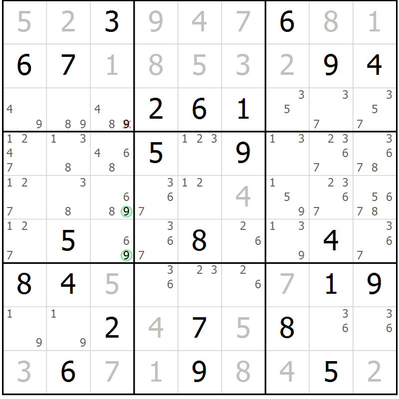 Position des candidats pour la solution de la Gr 72 page 75 du magazine de sudoku Maestro n° 086