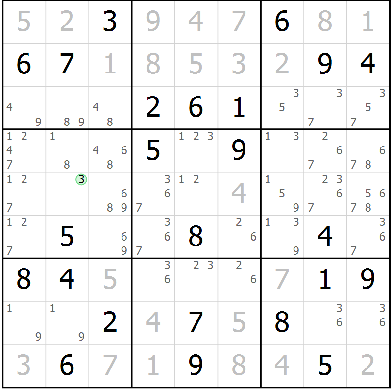 Position des candidats pour la solution de la Gr 72 page 75 du magazine de sudoku Maestro n° 086