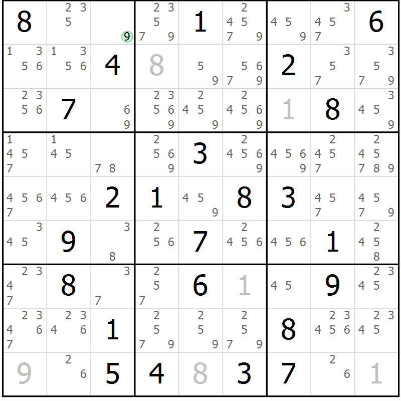 Position des candidats pour la solution de la Gr 73 page 76 du magazine de sudoku Maestro n° 086