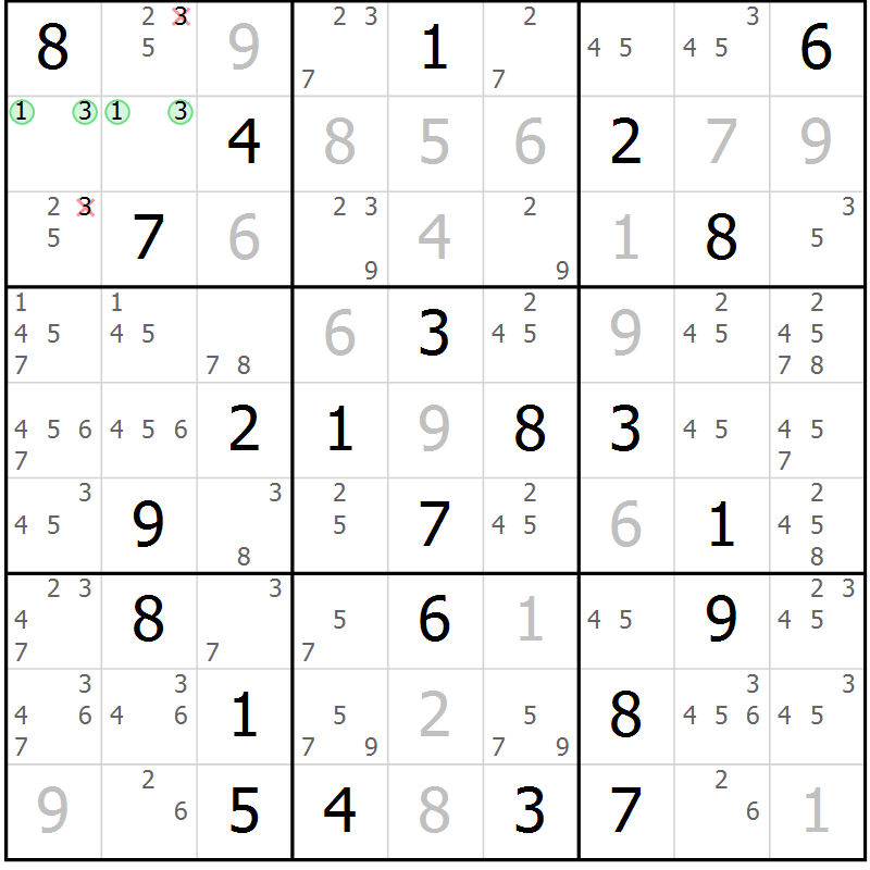 Position des candidats pour la solution de la Gr 73 page 76 du magazine de sudoku Maestro n° 086