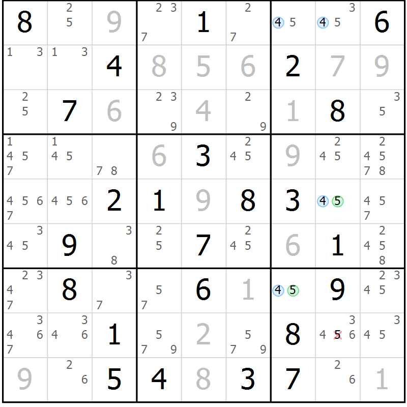 Position des candidats pour la solution de la Gr 73 page 76 du magazine de sudoku Maestro n° 086