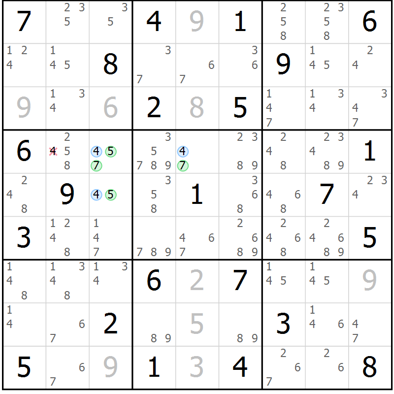 Position des candidats pour la solution de la Gr 74 page 77 du magazine de sudoku Maestro n° 086