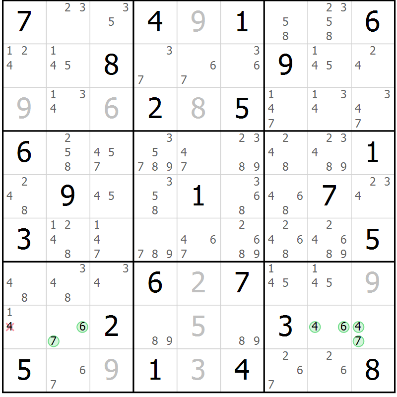 Position des candidats pour la solution de la Gr 74 page 77 du magazine de sudoku Maestro n° 086