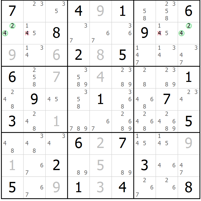 Position des candidats pour la solution de la Gr 74 page 77 du magazine de sudoku Maestro n° 086