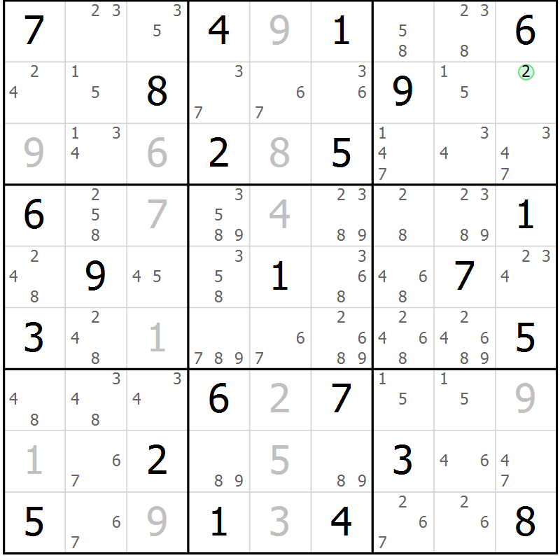 Position des candidats pour la solution de la Gr 74 page 77 du magazine de sudoku Maestro n° 086
