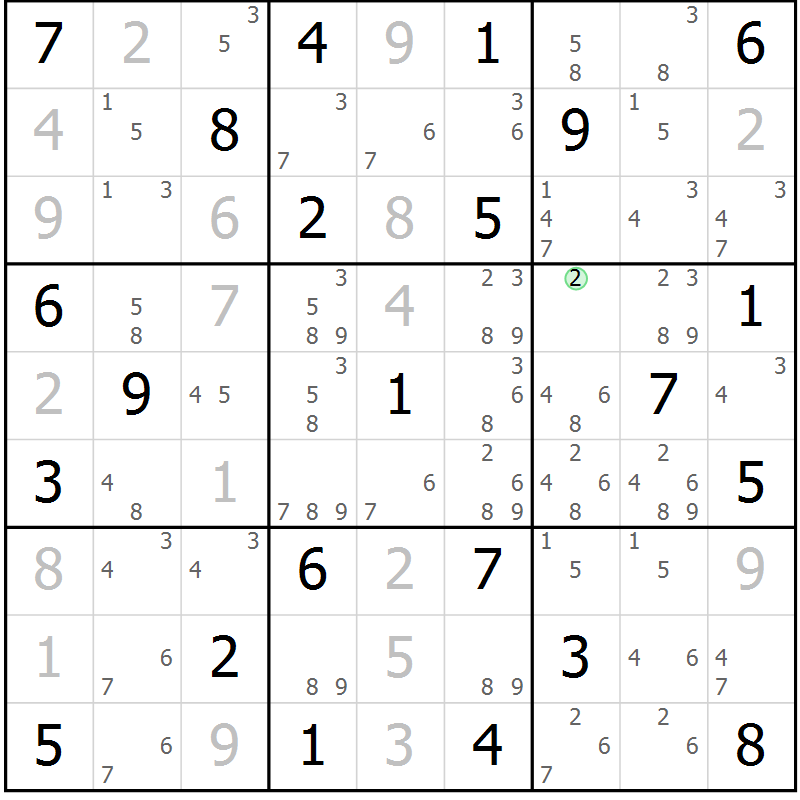 Position des candidats pour la solution de la Gr 74 page 77 du magazine de sudoku Maestro n° 086