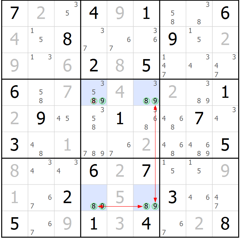 Position des candidats pour la solution de la Gr 74 page 77 du magazine de sudoku Maestro n° 086