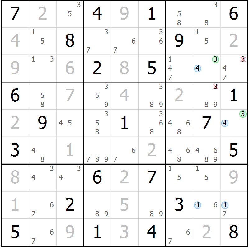 Position des candidats pour la solution de la Gr 74 page 77 du magazine de sudoku Maestro n° 086