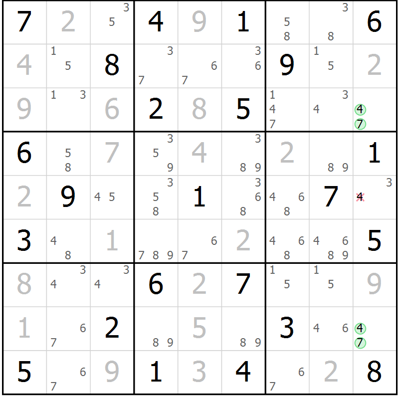Position des candidats pour la solution de la Gr 74 page 77 du magazine de sudoku Maestro n° 086