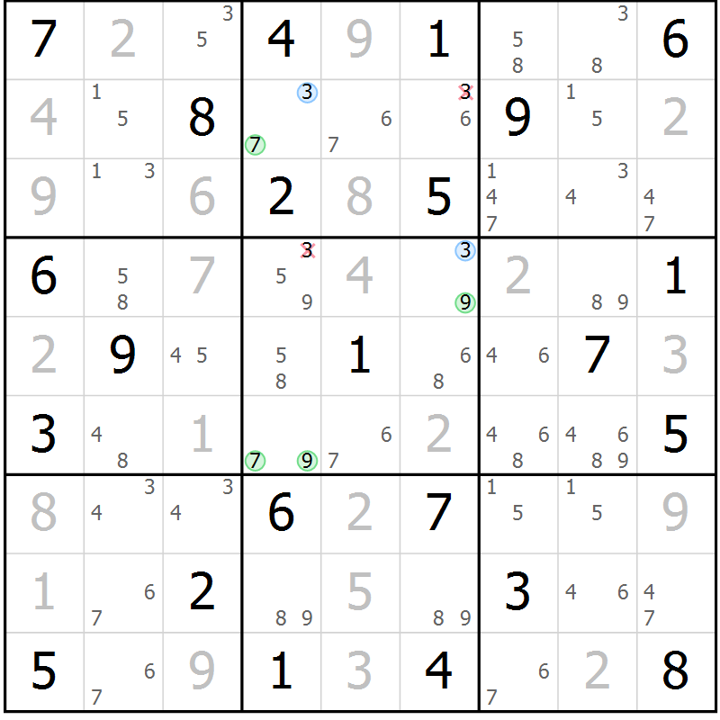 Position des candidats pour la solution de la Gr 74 page 77 du magazine de sudoku Maestro n° 086