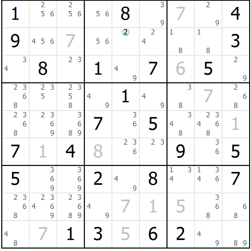 Position des candidats pour la solution de la Gr 75 page 78 du magazine de sudoku Maestro n° 086