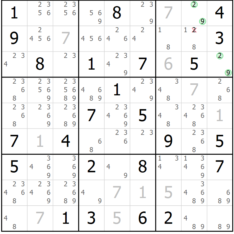 Position des candidats pour la solution de la Gr 75 page 78 du magazine de sudoku Maestro n° 086