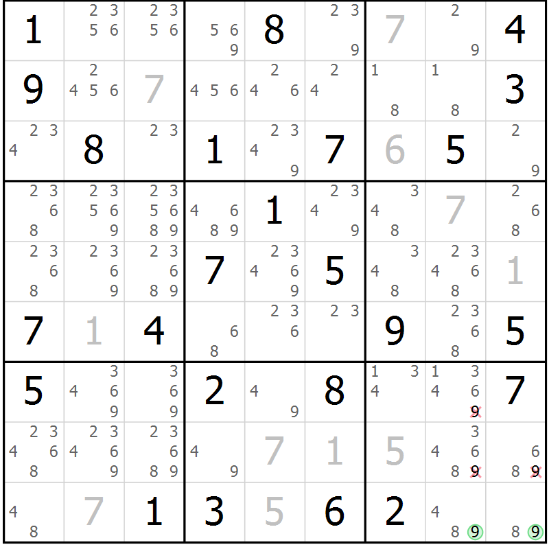 Position des candidats pour la solution de la Gr 75 page 78 du magazine de sudoku Maestro n° 086