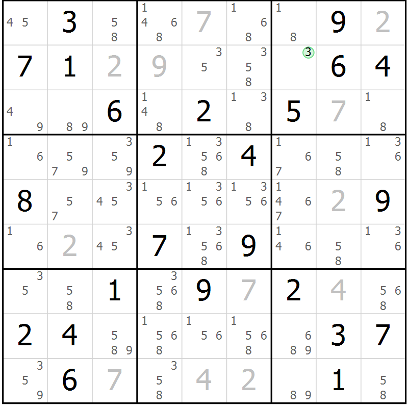 Position des candidats pour la solution de la Gr 76 page 79 du magazine de sudoku Maestro n° 086