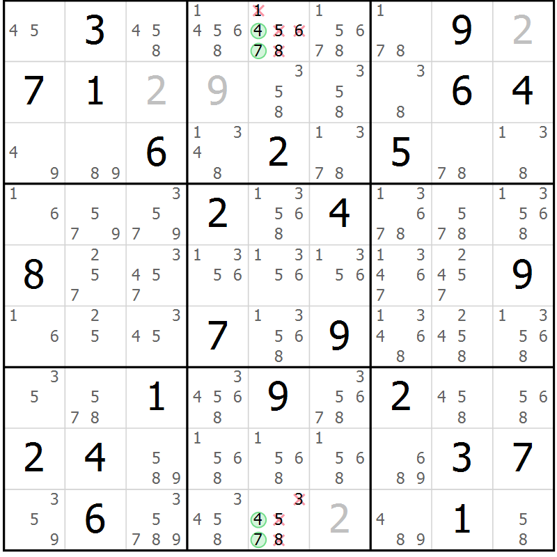 Position des candidats pour la solution de la Gr 76 page 79 du magazine de sudoku Maestro n° 086