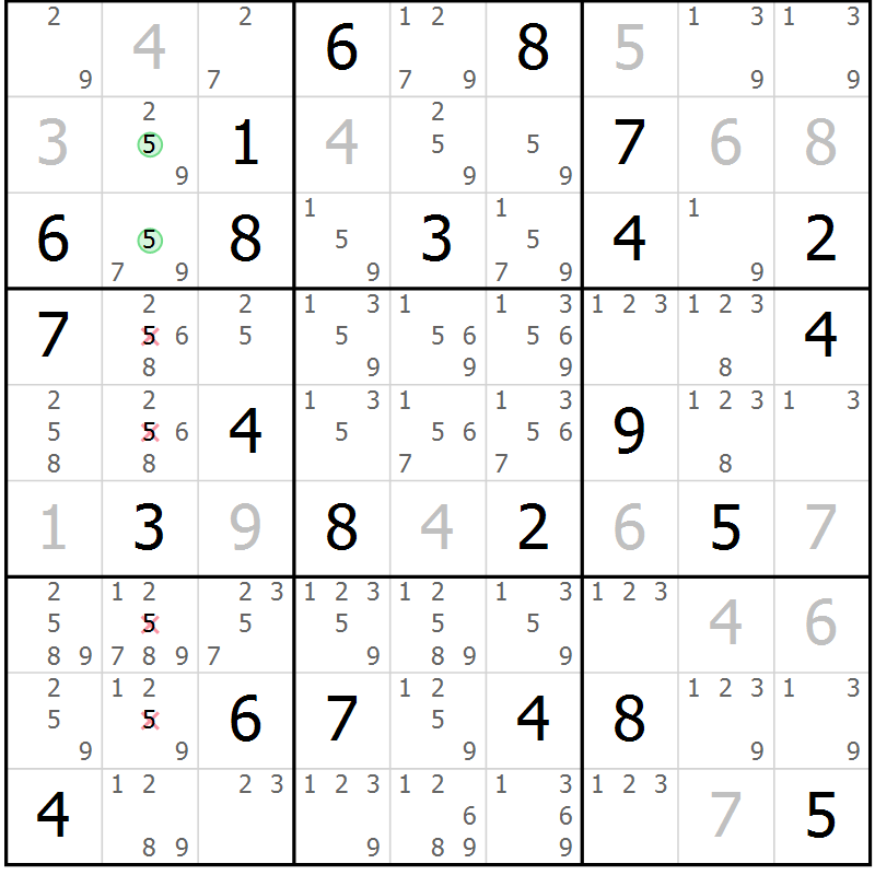 Position des candidats pour la solution de la Gr 77 page 80 du magazine de sudoku Maestro n° 086