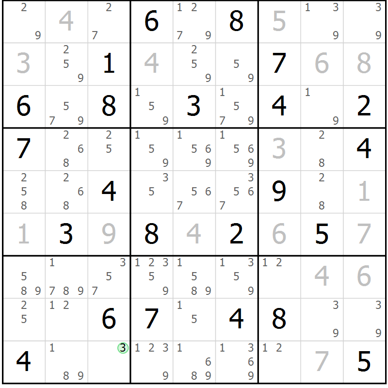 Position des candidats pour la solution de la Gr 77 page 80 du magazine de sudoku Maestro n° 086