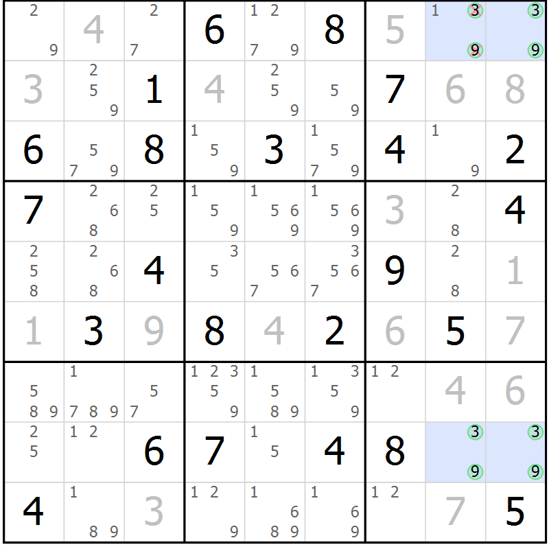 Position des candidats pour la solution de la Gr 77 page 80 du magazine de sudoku Maestro n° 086
