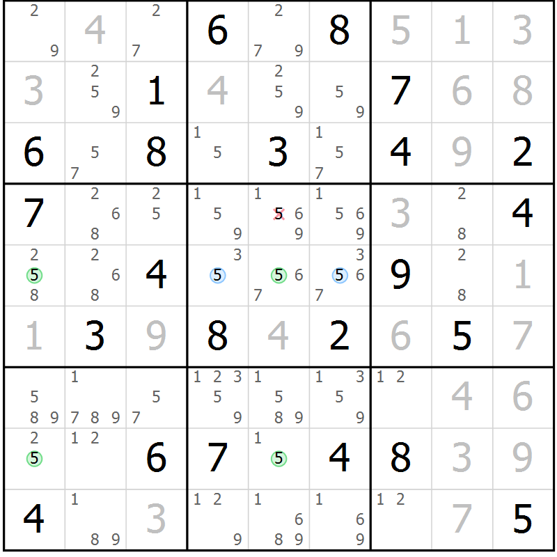 Position des candidats pour la solution de la Gr 77 page 80 du magazine de sudoku Maestro n° 086