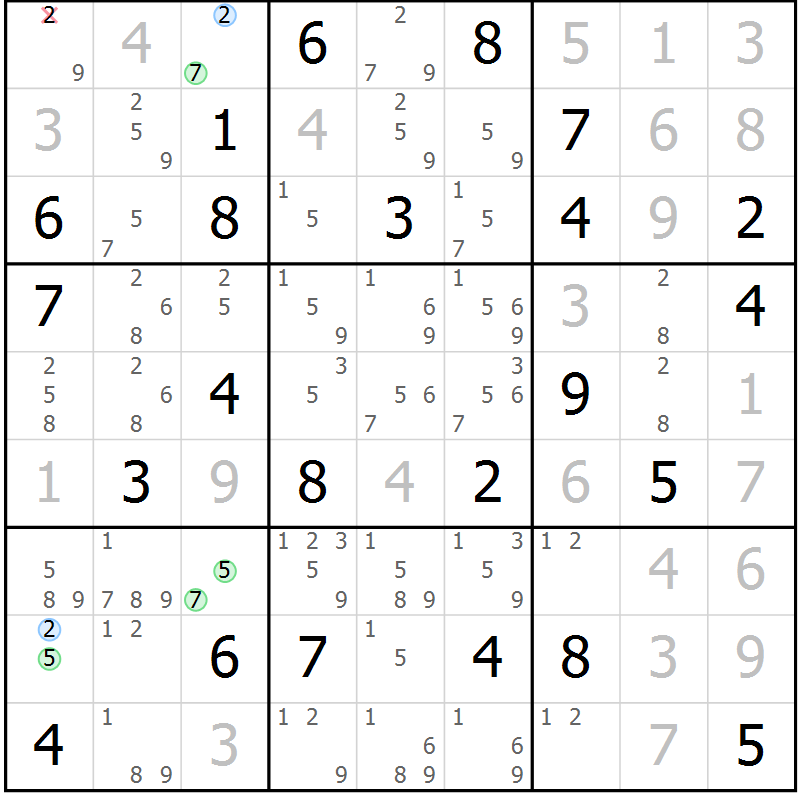 Position des candidats pour la solution de la Gr 77 page 80 du magazine de sudoku Maestro n° 086