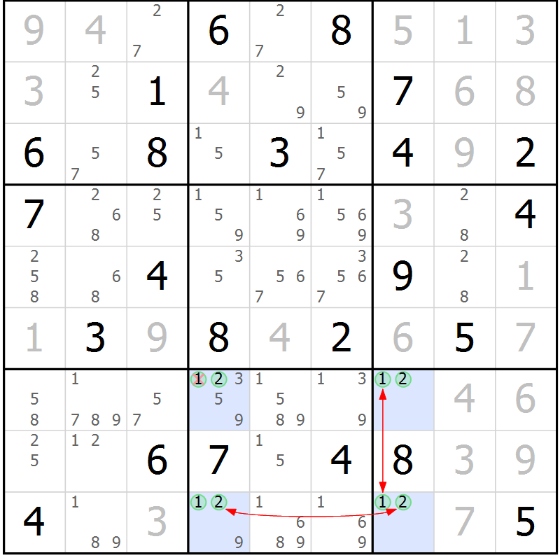 Position des candidats pour la solution de la Gr 77 page 80 du magazine de sudoku Maestro n° 086