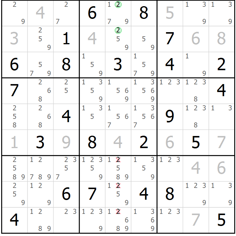 Position des candidats pour la solution de la Gr 77 page 80 du magazine de sudoku Maestro n° 086