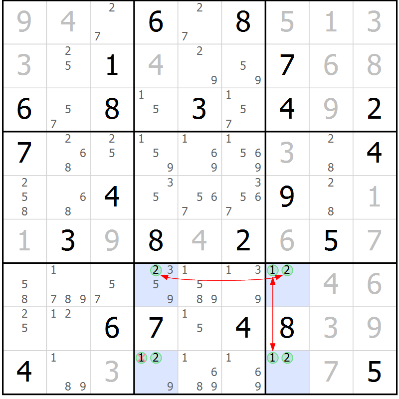 Position des candidats pour la solution de la Gr 77 page 80 du magazine de sudoku Maestro n° 086