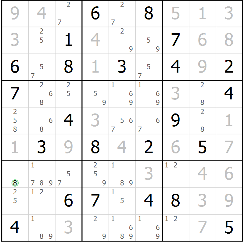 Position des candidats pour la solution de la Gr 77 page 80 du magazine de sudoku Maestro n° 086