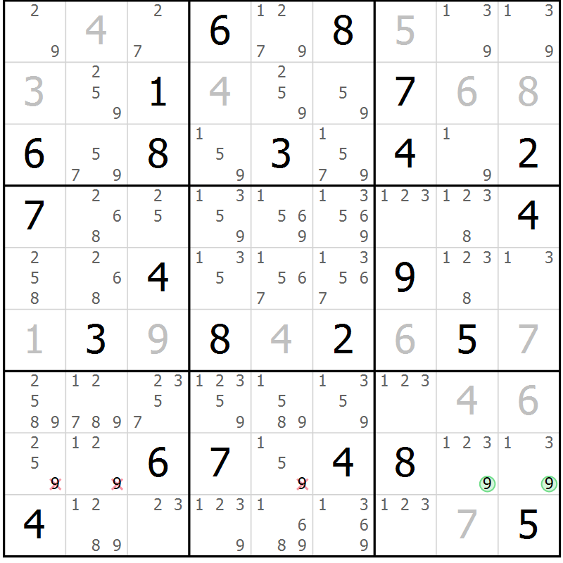 Position des candidats pour la solution de la Gr 77 page 80 du magazine de sudoku Maestro n° 086