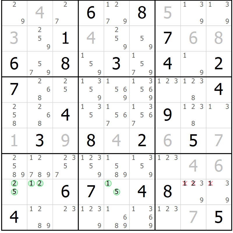 Position des candidats pour la solution de la Gr 77 page 80 du magazine de sudoku Maestro n° 086