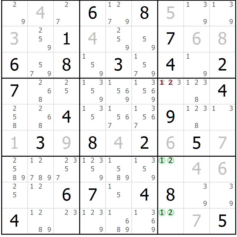 Position des candidats pour la solution de la Gr 77 page 80 du magazine de sudoku Maestro n° 086