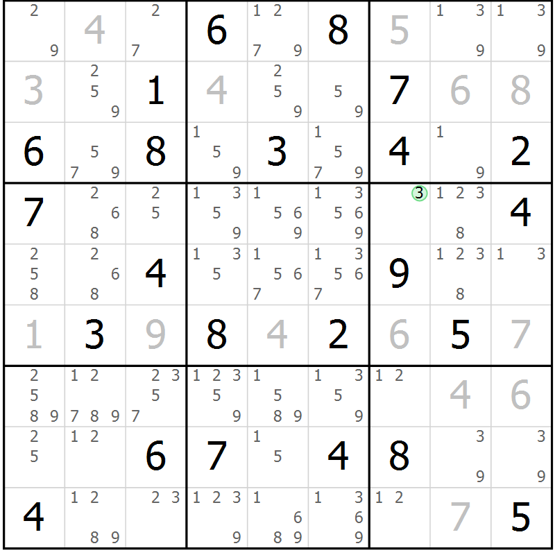 Position des candidats pour la solution de la Gr 77 page 80 du magazine de sudoku Maestro n° 086