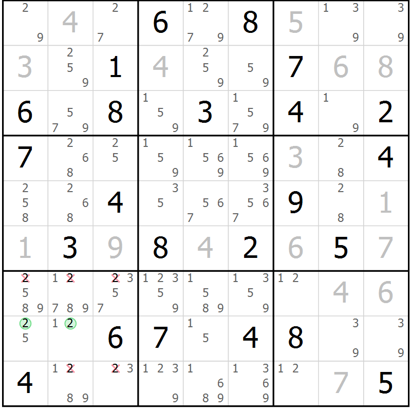 Position des candidats pour la solution de la Gr 77 page 80 du magazine de sudoku Maestro n° 086