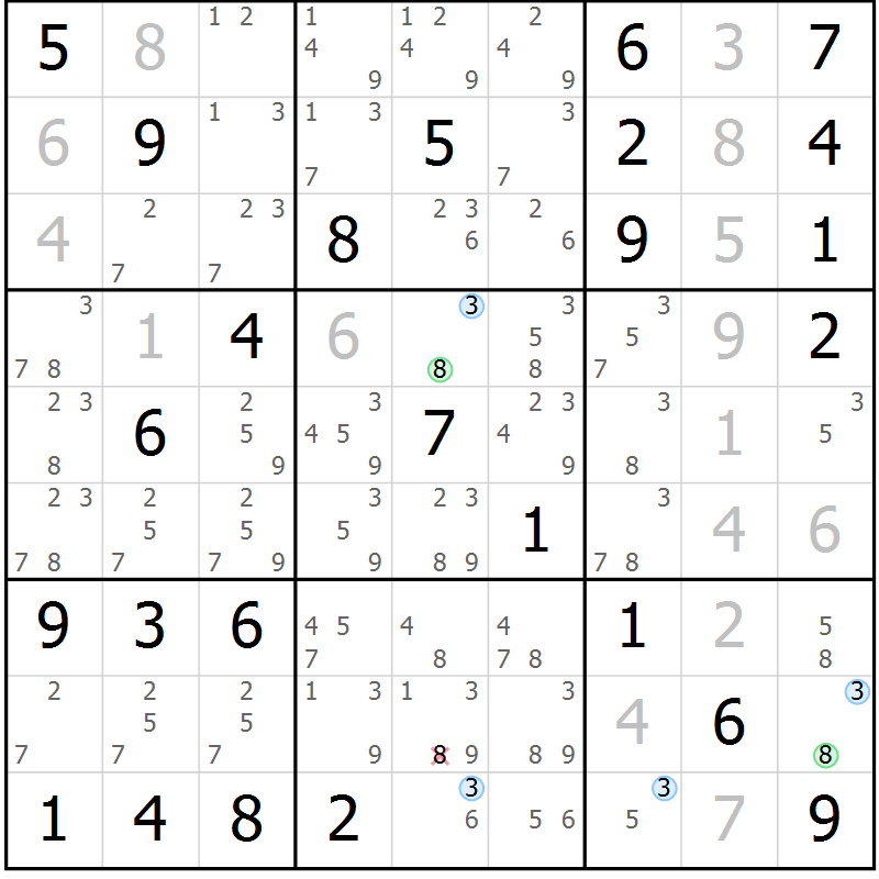 Position des candidats pour la solution de la Gr 78 page 81 du magazine de sudoku Maestro n° 086