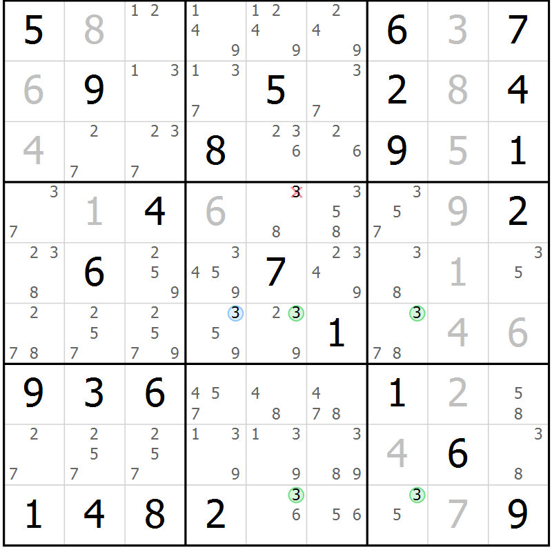 Position des candidats pour la solution de la Gr 78 page 81 du magazine de sudoku Maestro n° 086