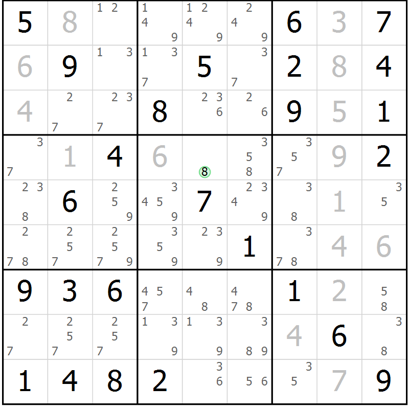 Position des candidats pour la solution de la Gr 78 page 81 du magazine de sudoku Maestro n° 086