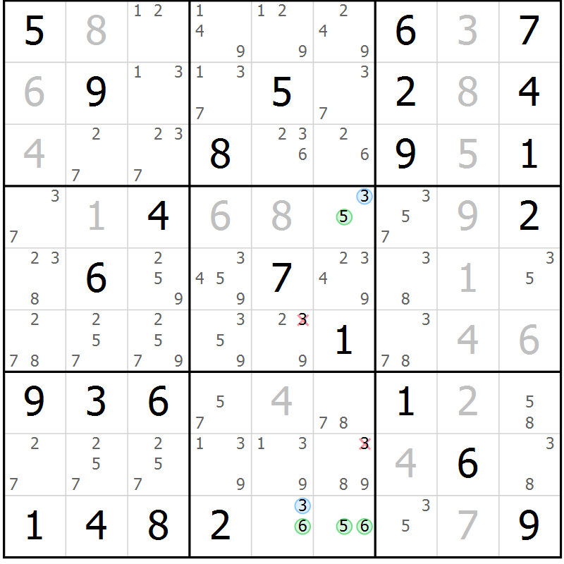 Position des candidats pour la solution de la Gr 78 page 81 du magazine de sudoku Maestro n° 086