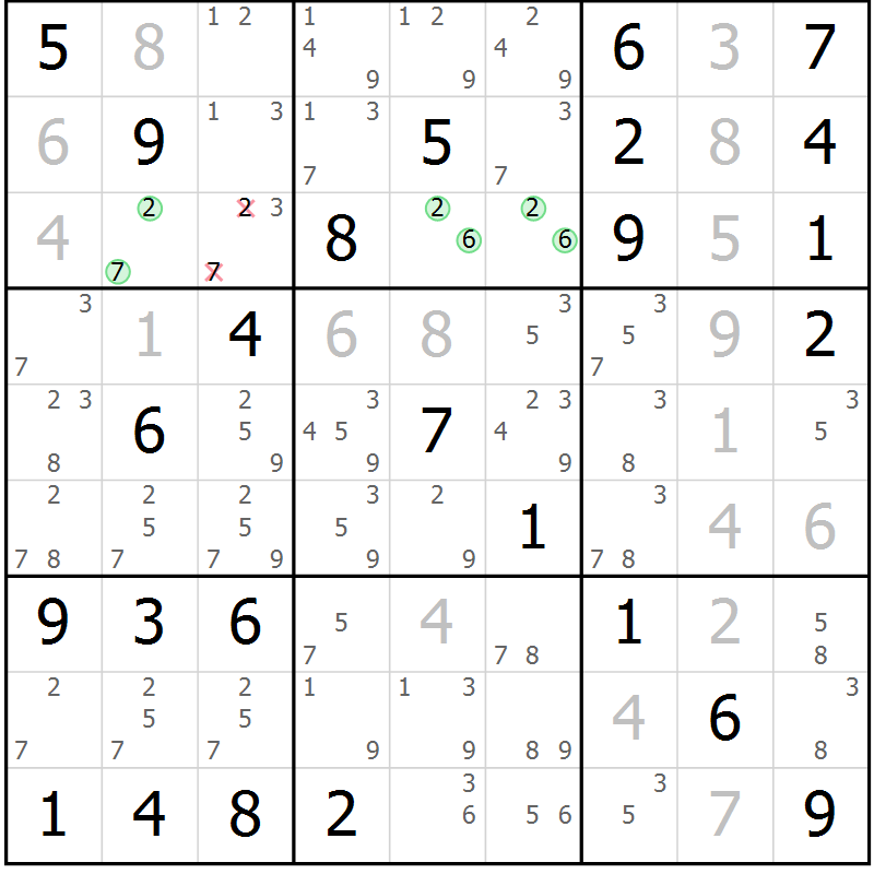 Position des candidats pour la solution de la Gr 78 page 81 du magazine de sudoku Maestro n° 086