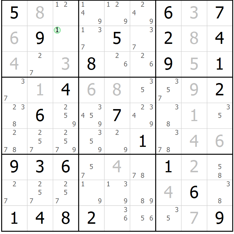 Position des candidats pour la solution de la Gr 78 page 81 du magazine de sudoku Maestro n° 086