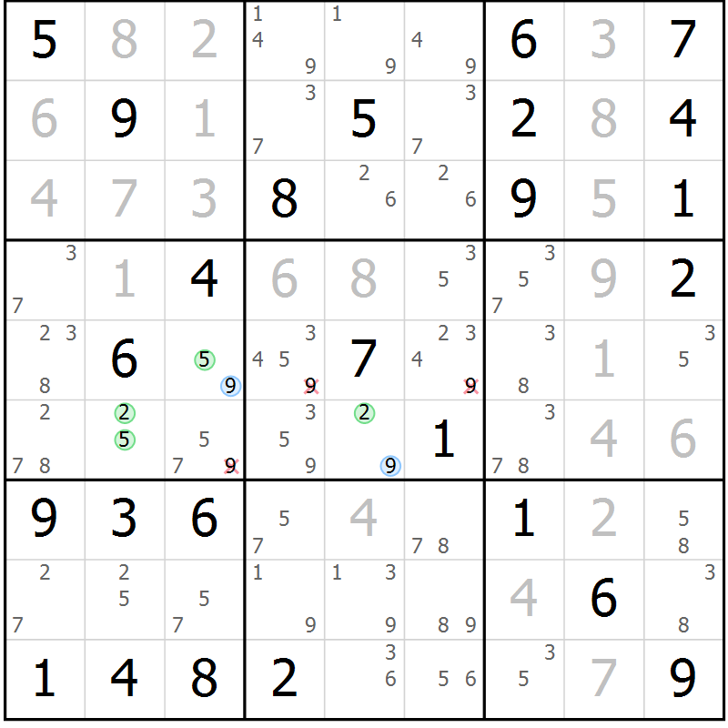 Position des candidats pour la solution de la Gr 78 page 81 du magazine de sudoku Maestro n° 086