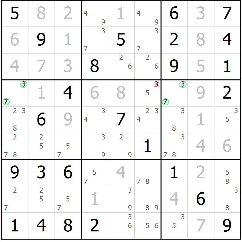 Position des candidats pour la solution de la Gr 78 page 81 du magazine de sudoku Maestro n° 086