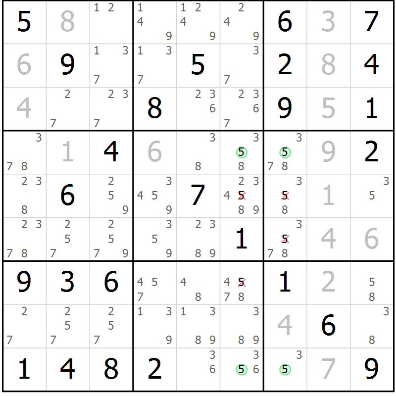 Position des candidats pour la solution de la Gr 78 page 81 du magazine de sudoku Maestro n° 086
