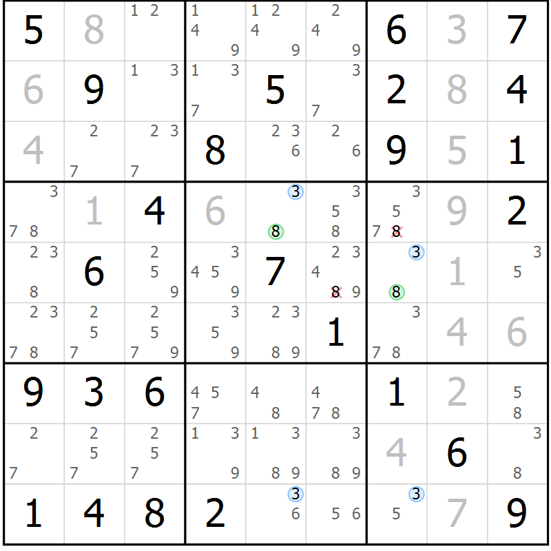 Position des candidats pour la solution de la Gr 78 page 81 du magazine de sudoku Maestro n° 086