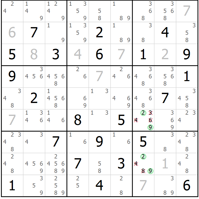 Position des candidats pour la solution de la Gr 79 page 82 du magazine de sudoku Maestro n° 086