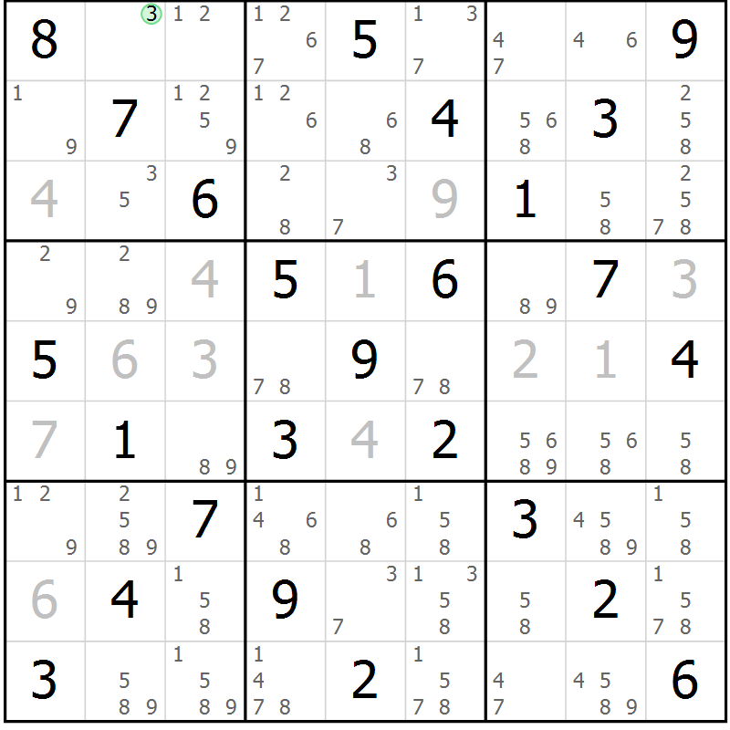 Position des candidats pour la solution de la Gr 8 page 11 du magazine de sudoku Maestro n° 086
