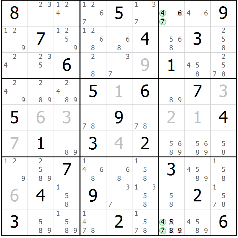 Position des candidats pour la solution de la Gr 8 page 11 du magazine de sudoku Maestro n° 086