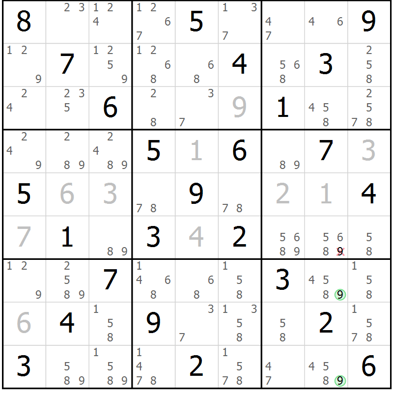 Position des candidats pour la solution de la Gr 8 page 11 du magazine de sudoku Maestro n° 086